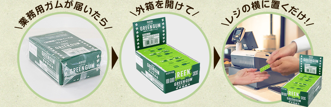 業務用ガムが届いたら→外箱を開けて→レジの横に置くだけ！