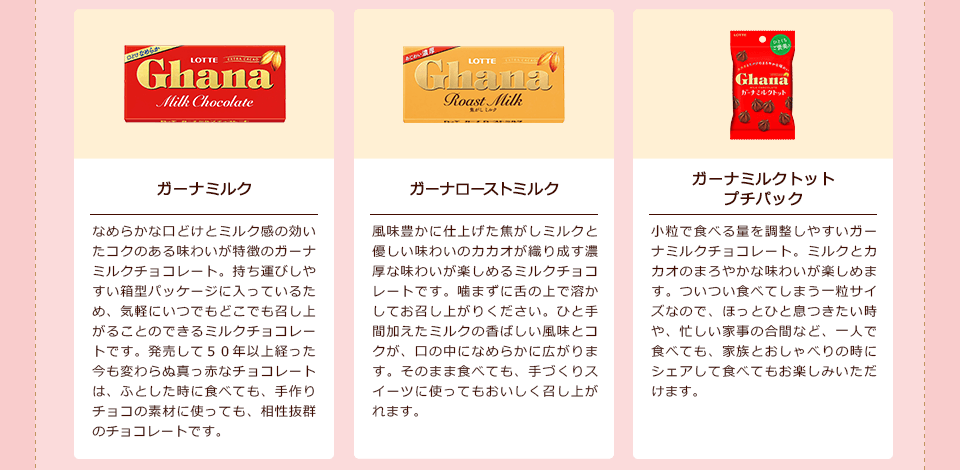 「ガーナミルク」なめらかな口どけとミルク感の効いたコクのある味わいが特徴のガーナミルクチョコレート。持ち運びしやすい箱型パッケージに入っているため、気軽にいつでもどこでも召し上がることのできるミルクチョコレートです。発売して50年以上経った今も変わらぬ真っ赤なチョコレートは、ふとした時に食べても、手作りチョコの素材に使っても、相性抜群のチョコレートです。/「ガーナローストミルク」風味豊かに仕上げた焦がしミルクと優しい味わいのカカオが織り成す濃厚な味わいが楽しめるミルクチョコレートです。噛まずに舌の上で溶かしてお召し上がりください。ひと手間加えたミルクの香ばしい風味とコクが、口の中になめらかに広がります。そのまま食べても、手づくりスイーツに使ってもおいしく召し上がれます。/「ガーナミルクトットプチパック」小粒で食べる量を調整しやすいガーナミルクチョコレート。ミルクとカカオのまろやかな味わいが楽しめます。ついつい食べてしまう一粒サイズなので、ほっとひと息つきたい時や、忙しい家事の合間など、一人で食べても、家族とおしゃべりの時にシェアして食べてもお楽しみいただけます。