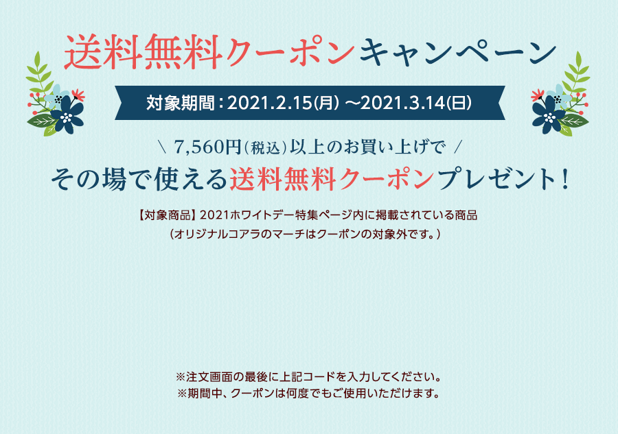 送料無料クーポンキャンペーン 対象期間:2021.2.15(月)〜2021.3.14(日)
