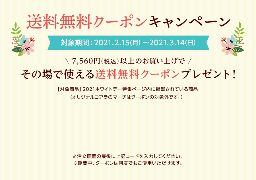 送料無料クーポンキャンペーン 対象期間:2021.2.15(月)〜2021.3.14(日)