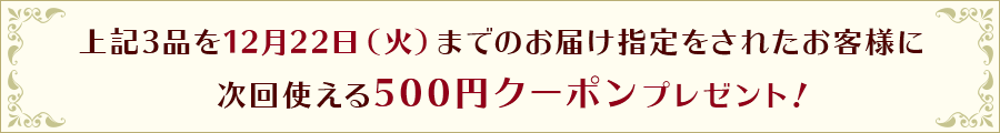 上記3品を12月22日(火)までのお届け指定をされたお客様に、次回使える500円クーポンプレゼント!