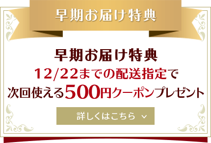 早期お届け特典：12/22までの配送指定で進呈。次回使える500円クーポン！
