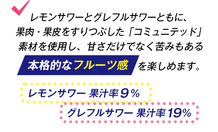レモンサワーとグレフルサワーともに、果肉・果皮をすりつぶした「コミュニテッド」素材を使用し、甘さだけでなく苦みもある本格的なフルーツ感を楽しめます。 レモンサワー 果汁率9％ グレフルサワー 果汁率19％
