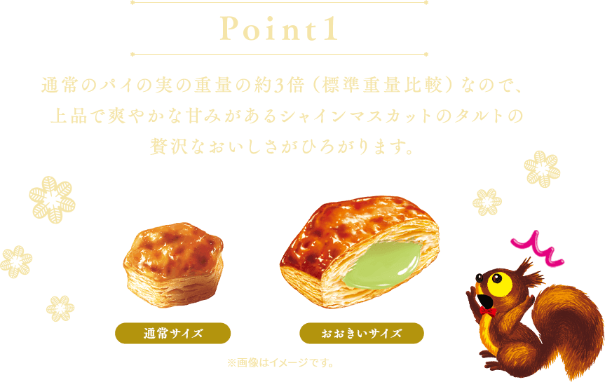 Point1：通常のパイの実の重量の約3倍（標準重量比較）なので、上品で爽やかな甘みがあるシャインマスカットのタルトの贅沢なおいしさがひろがります。※画像はイメージです
