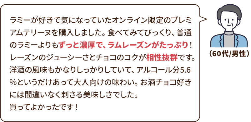 ラミーが好きで気になっていたオンライン限定のプレミアムテリーヌを購入しました。食べてみてびっくり、普通のラミーよりもずっと濃厚で、ラムレーズンがたっぷり！レーズンのジューシーさとチョコのコクが相性抜群です。洋酒の風味もかなりしっかりしていて、アルコール分5.6％というだけあって大人向けの味わい。お酒チョコ好きには間違いなく刺さる美味しさでした。買ってよかったです！