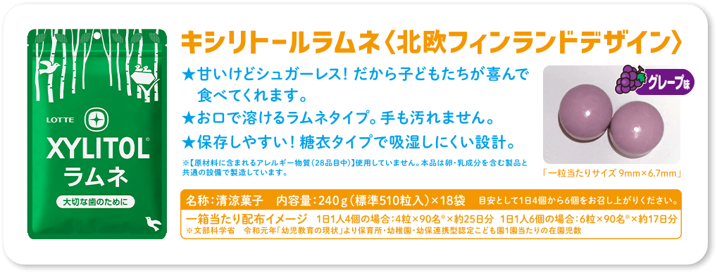 甘いけどシュガーレス! だから子どもたちが喜んで食べてくれます。お口で溶けるラムネタイプ。手も汚れません。保存しやすい! 糖衣タイプで吸湿しにくい設計。【原材料に含まれるアレルギー物質 (28品目中)】 使用していません。 本品は卵・乳成分を含む製品と共通の設備で製造しています。グレープ味「一粒当たりサイズ 9mm×6.7mm」名称: 清涼菓子 内容量:240g (標準510粒入) ×18袋 目安として1日4個から6個をお召し上がりください。 一箱当たり配布イメージ 1日1人4個の場合:4粒×90名※×約25日分 1日1人6個の場合:6粒×90名×約17日分 文部科学省令和元年「幼児教育の現状」より保育所・幼稚園･幼保連携型認定こども園1回当たりの在園児数